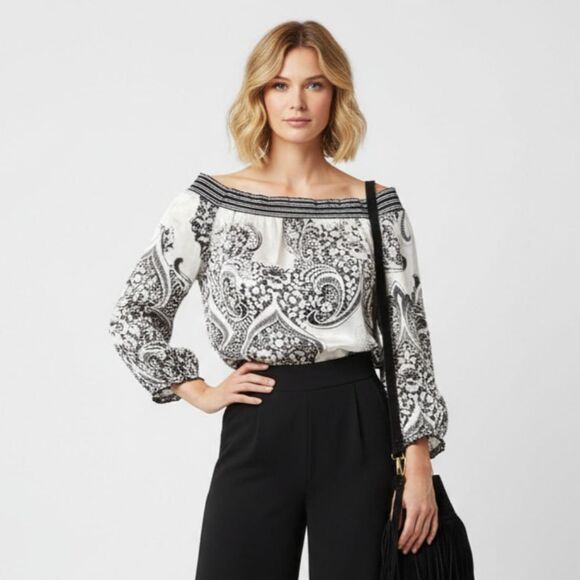 White House Black Market Tops - 100% Silk Black & White Print Floral Blouse From White House Black Market M
